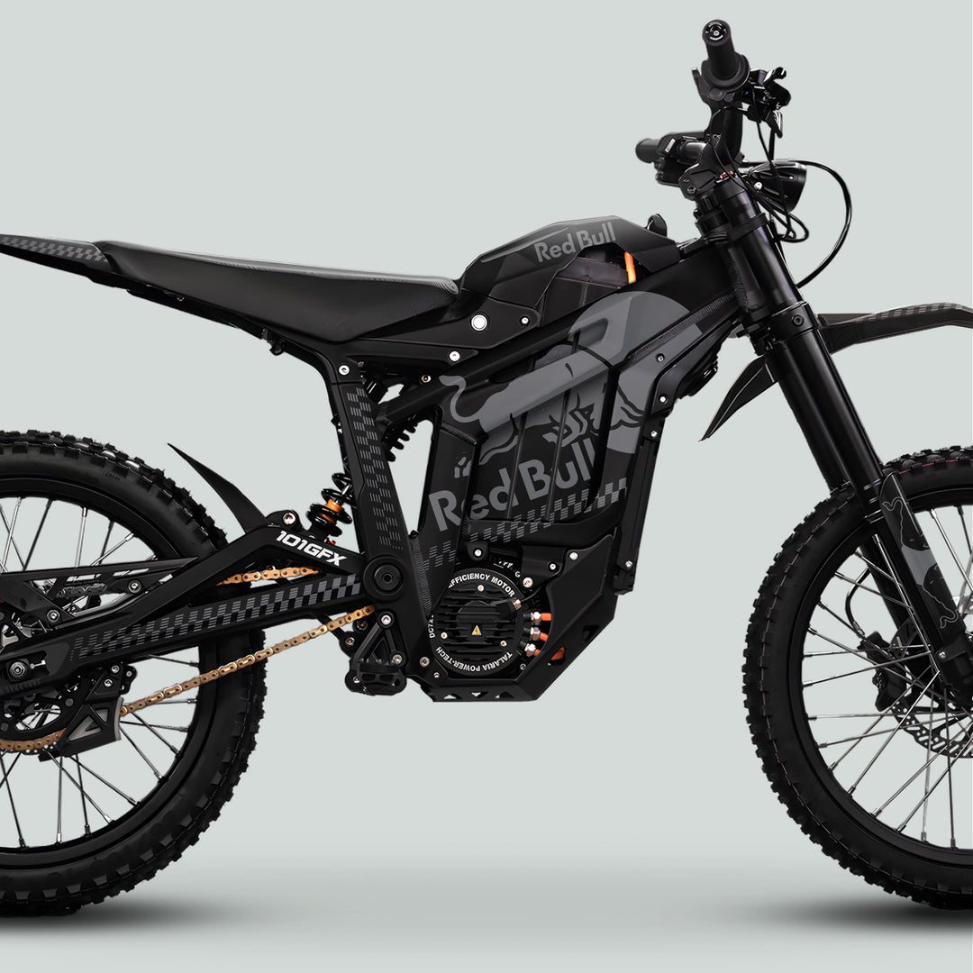Talaria Sting MX5 PRO Graphics Kit with Red Bull livery, featuring durable decals over electric dirt bike's tubular chassis, suspension, battery pack, and controls.