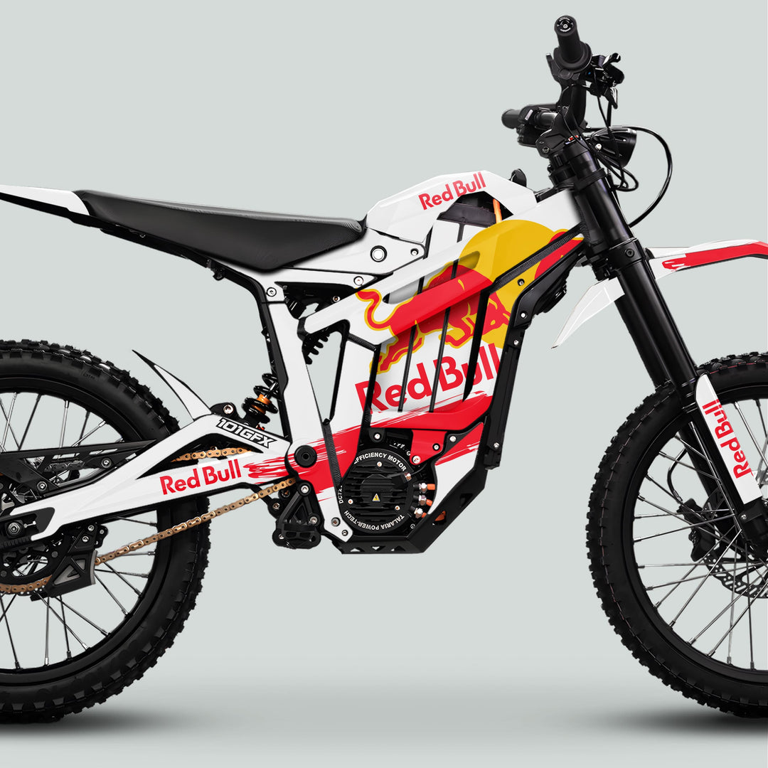 Talaria Sting MX5 PRO Graphics Kit RBULL RACE WhiteDecals on a Red Bull-branded electric dirt bike, showcasing sleek design and durable, full-coverage decals.