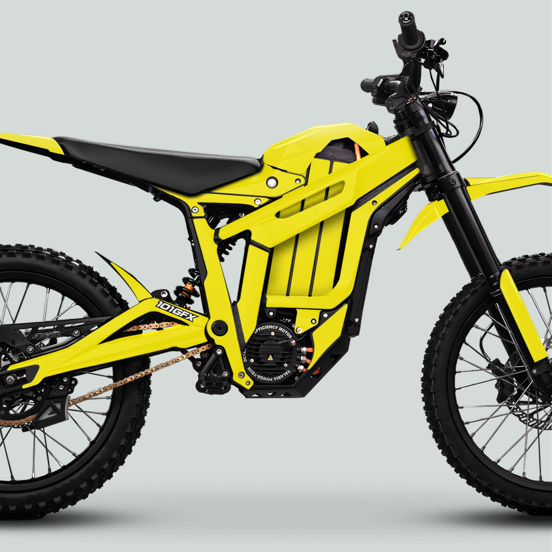 Side-profile of an e-dirt bike showcasing Talaria Sting MX5 PRO Graphics Kit SOLID COLOR Yellow Decals, featuring durable, glossy finish and easy application.