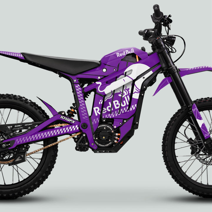 Talaria Sting MX5 PRO Graphics Kit RBULL MONO, featuring Red Bull livery on a purple dirt bike with knobby tires, electric motor, and distinctive decals.