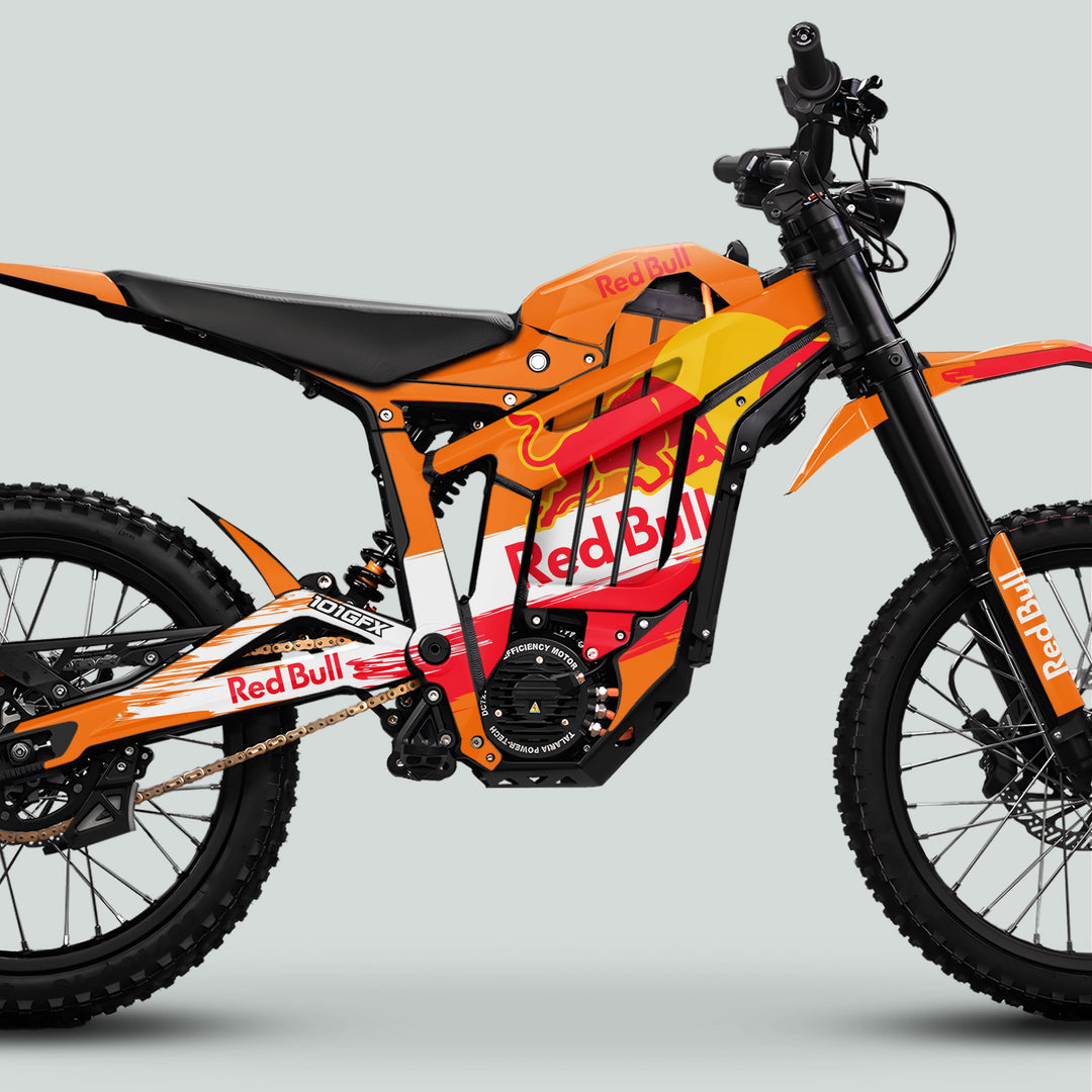 Talaria Sting MX5 PRO Graphics Kit RBULL RACE Orange Decals enhances a Red Bull-themed electric dirt bike with striking, durable, full-coverage decals for a standout look.