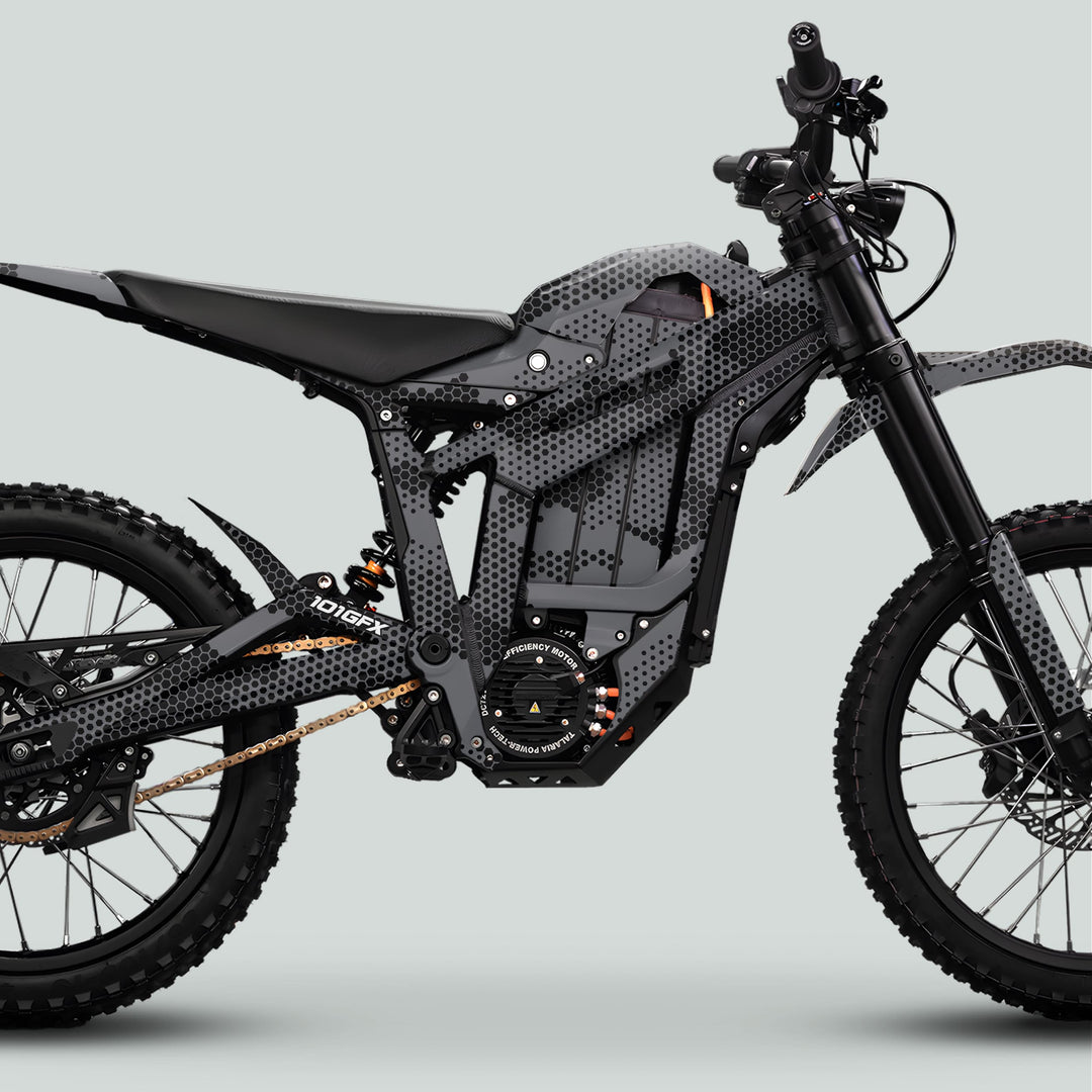Talaria Sting MX5 PRO Graphics Kit HEXOCAM GREY Decals on a modern electric off-road motorcycle, highlighting knobby tires, suspension, and minimal bodywork with hex-patterned wrap.