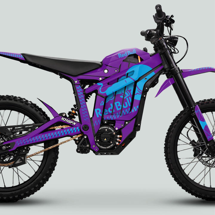 Talaria Sting MX5 PRO Graphics Kit RBULL MONO Purple Cyan Decals on electric off-road motorcycle, showcasing vibrant style and durable, full-coverage design for adventure enthusiasts.