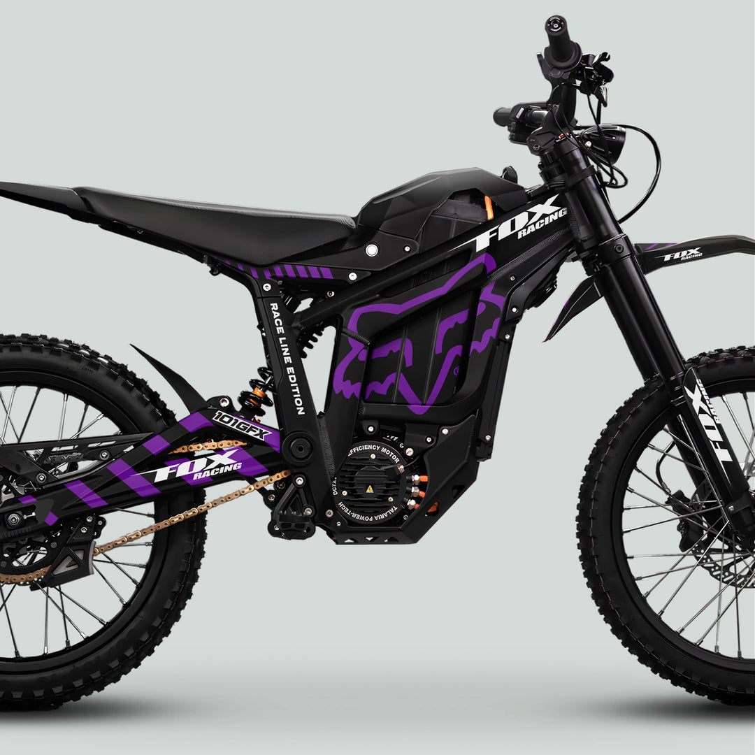 Talaria Sting MX5 PRO Graphics Kit features FOX RACELINE black purple decals, enhancing style with durable, full-coverage design for off-road motorcycles.