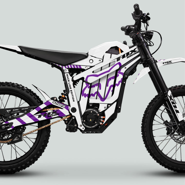 Talaria Sting MX5 PRO Graphics Kit FOX RACELINE White Purple Decals on an off-road electric dirt bike, showcasing its sleek design, durable materials, and easy application.