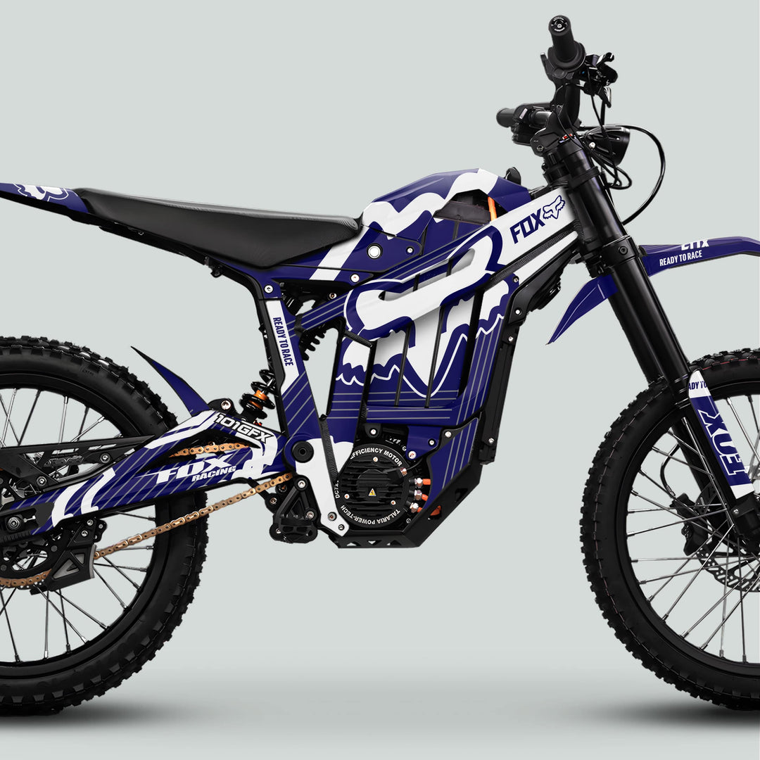 Talaria Sting MX5 PRO Graphics Kit FOX STRIPES Navy White Decals on electric off-road bike, showcasing stylish graphics, knobby tires, and motocross features.