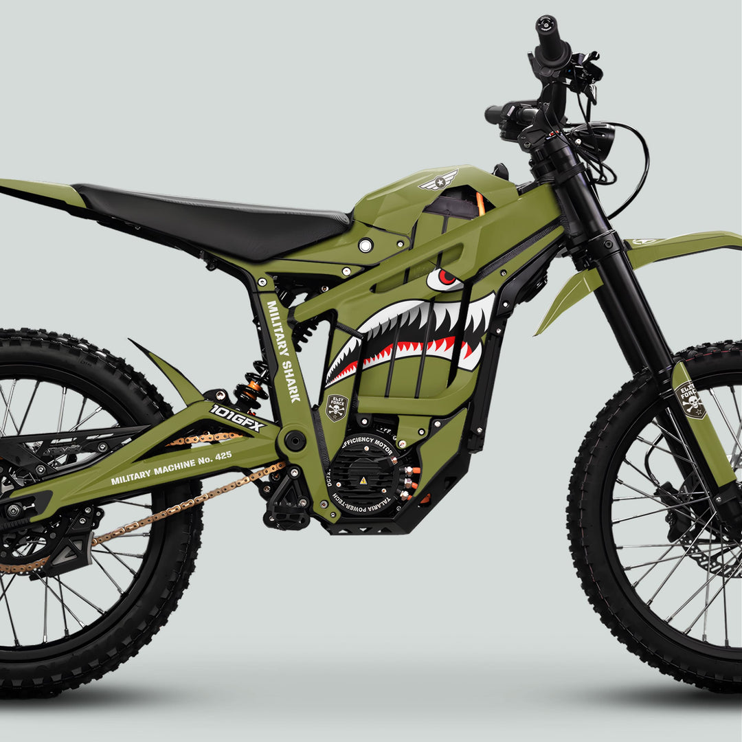 Talaria Sting MX5 PRO Graphics Kit MILITARY SHARK Olive Decals on an electric dirt bike with military graphics, knobby tires, and disc brakes.