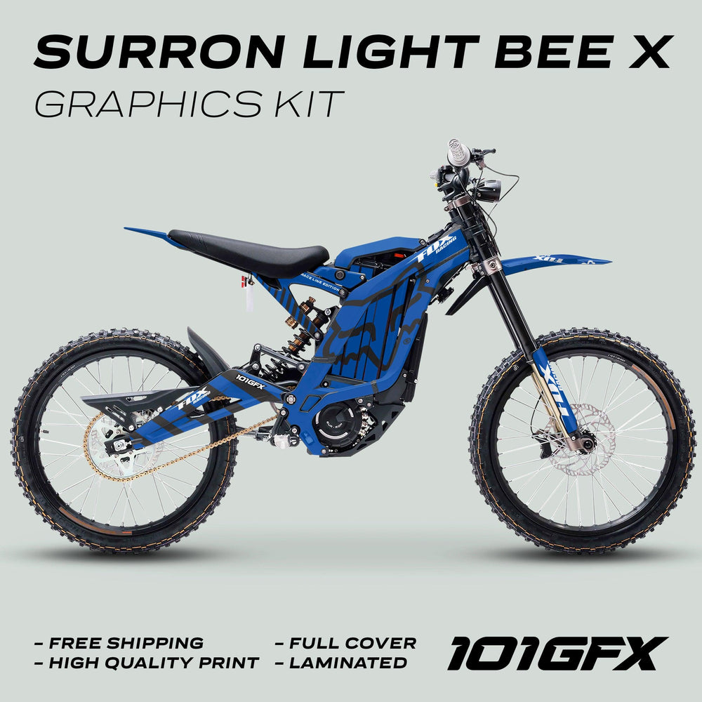 Surron Light Bee X Graphics Kit FOX RACE LINE Blue Black on bike, showcasing full-cover, laminated vinyl with high-quality print and vibrant design.