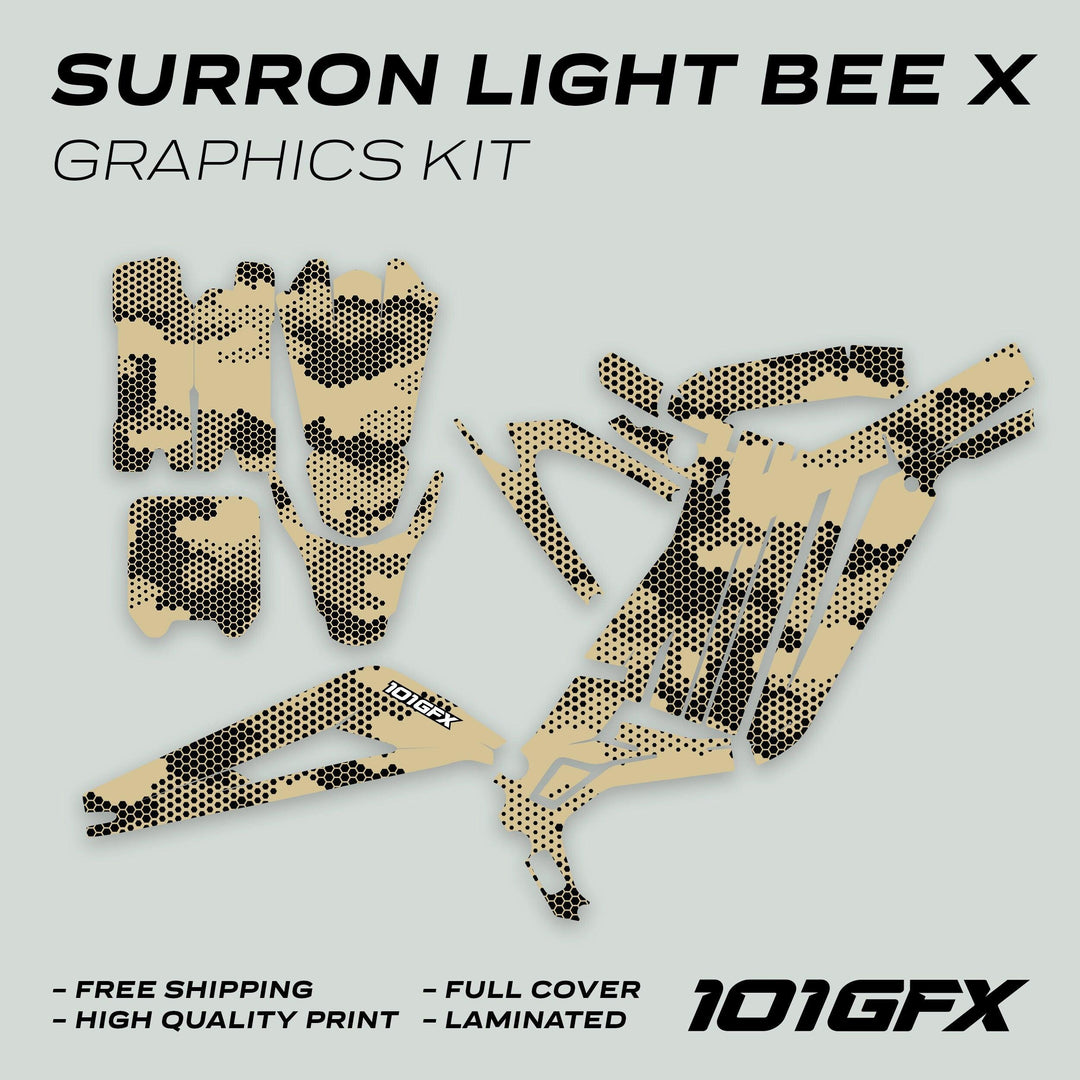 Surron Light Bee X Graphics Kit HEXOCAM Sand, featuring tan-black camo decals for fenders, panels, and swingarm, highlighting free shipping, high-quality, full cover, laminated.