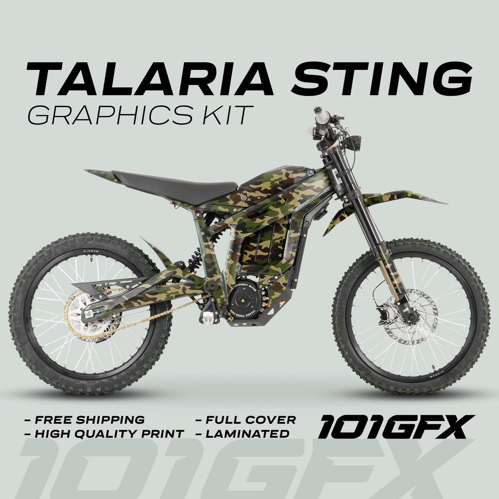 Talaria Sting MX3 MX4 Graphics Kit CAMOUFLAGE on an electric dirt bike, showcasing a full-cover green-brown camo design with glossy finish and durable, laminated decals.