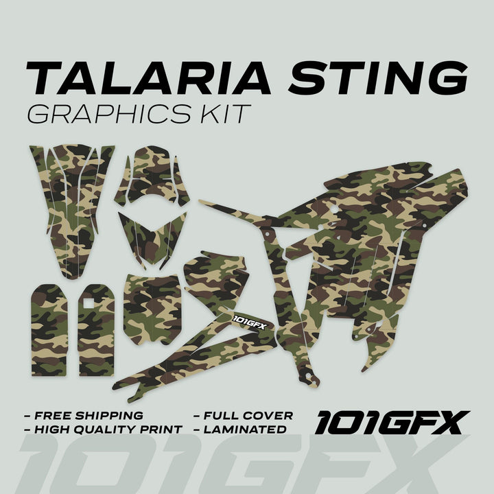 Talaria Sting MX3 MX4 Graphics Kit CAMOUFLAGE, featuring vinyl-cut decals with woodland camouflage pattern, full-cover laminated graphics for Talaria Sting, highlighting durability and easy installation.