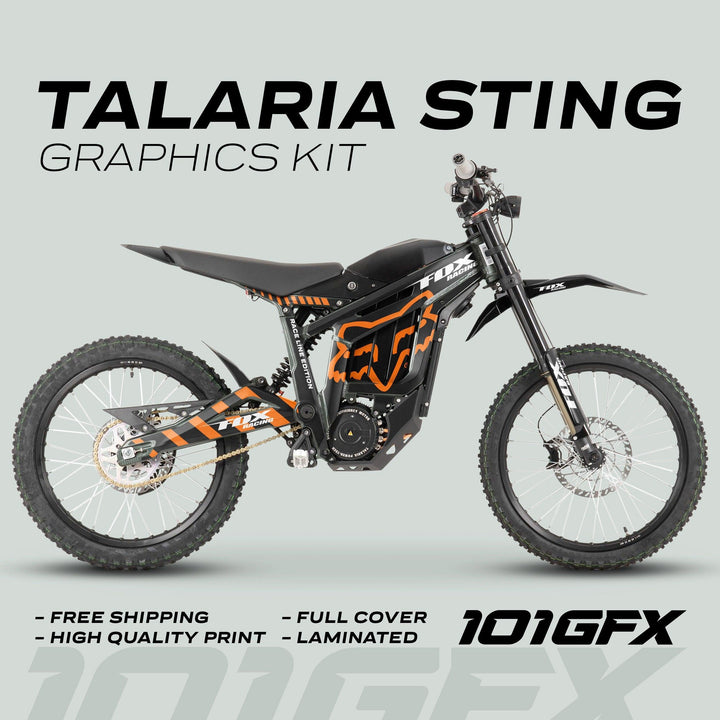 Talaria Sting MX3 MX4 Graphics Kit FOX Raceline Black Orange on bike; features: free shipping, high-quality print, full-cover, laminated; 101GFX logo displayed.