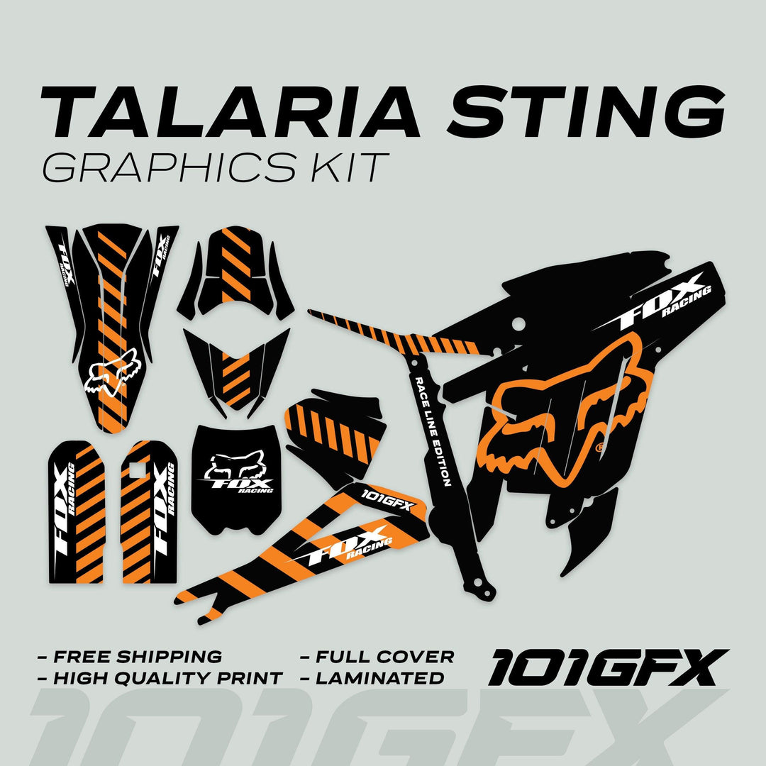 Talaria Sting MX3 MX4 Graphics Kit FOX Raceline Black Orange featuring full-cover decals with orange stripes, Fox logos, and callouts for quality, free shipping, and durability.