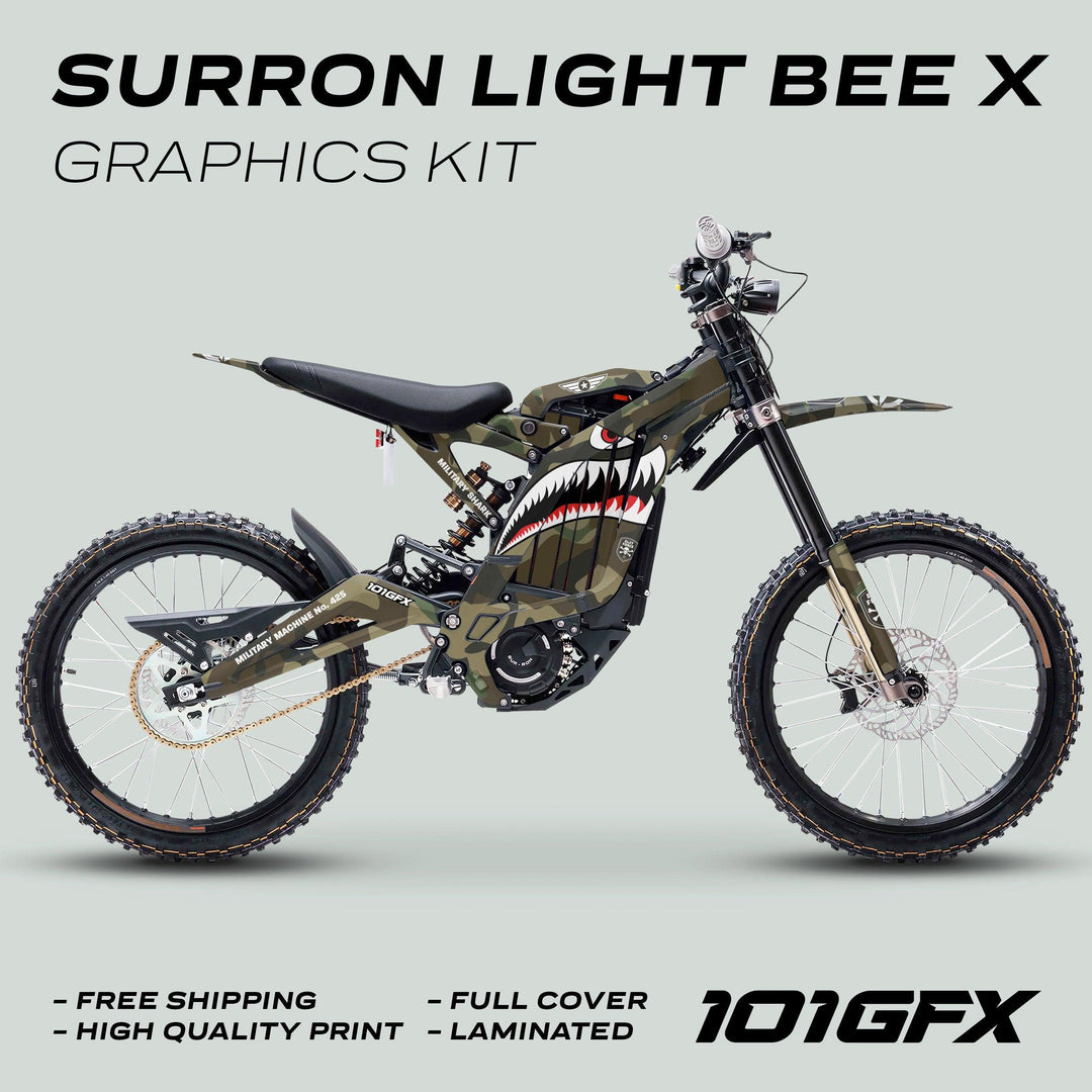 Surron Light Bee X Graphics Kit MILITARY SHARK Camo featuring military-style camo with shark-mouth motif, full coverage, durable, and weather-resistant for a striking, bold look.