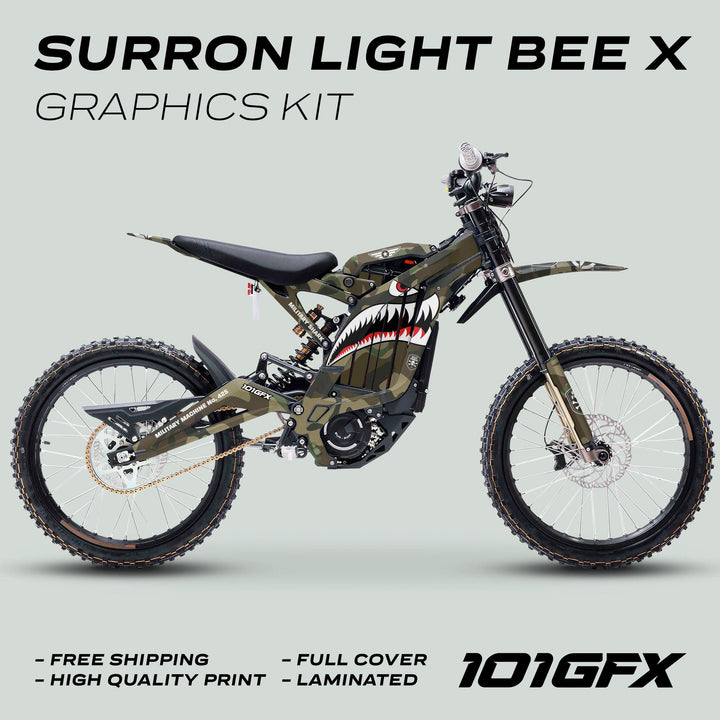 Surron Light Bee X Graphics Kit MILITARY SHARK Camo featuring military-style camo with shark-mouth motif, full coverage, durable, and weather-resistant for a striking, bold look.