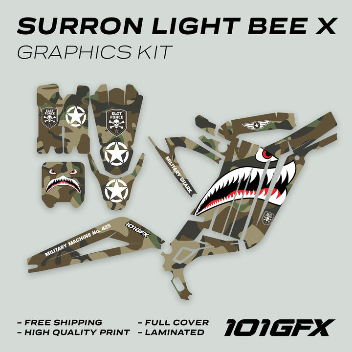 Surron Light Bee X Graphics Kit MILITARY SHARK Camo featuring camouflage panels, shark-mouth graphic, military insignias, and swingarm stripes, designed for durability and full bike coverage.