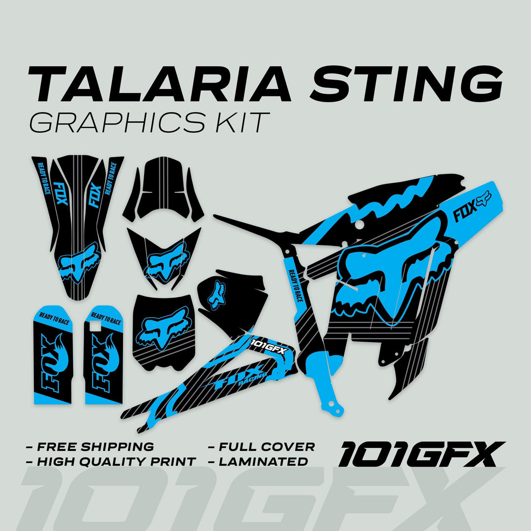 Talaria Sting MX3 MX4 Graphics Kit FOX STRIPES Black Cyan displayed with decals laid out, highlighting features like free shipping, high-quality print, full cover, laminated.