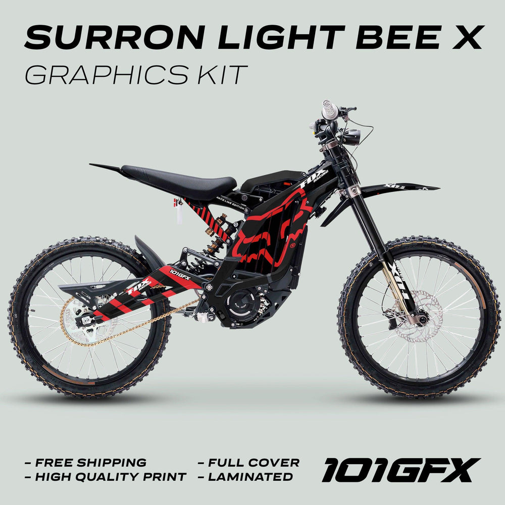 Surron Light Bee X Graphics Kit FOX RACE LINE Black Red on Light Bee X, showcasing full-coverage black-and-red decals with glossy laminated finish and call-outs for free shipping and quality.
