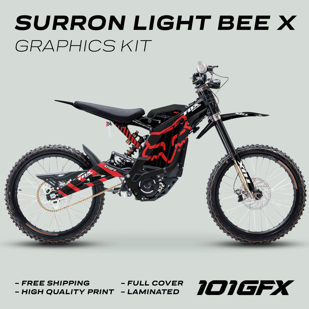 Surron Light Bee X Graphics Kit FOX RACE LINE Black Red on Light Bee X, showcasing full-coverage black-and-red decals with glossy laminated finish and call-outs for free shipping and quality.