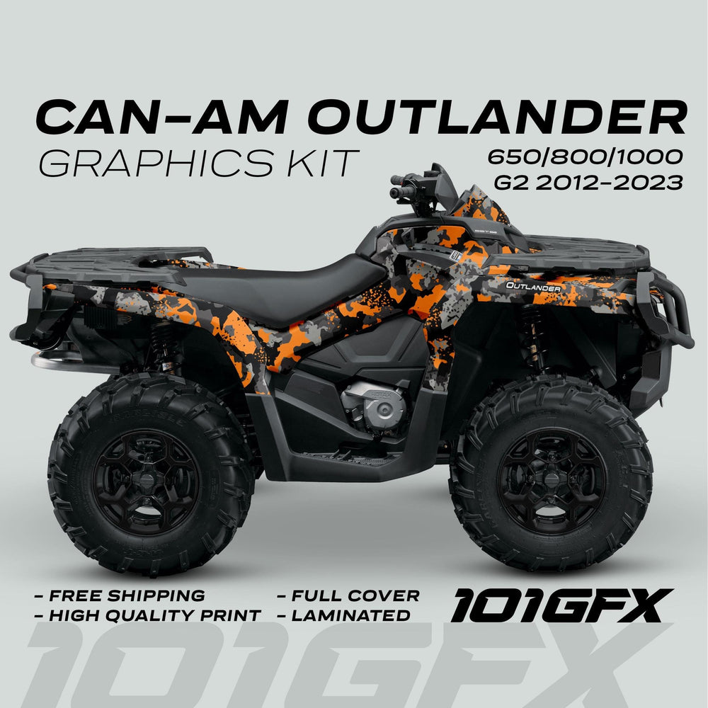 Can-Am OUTLANDER Graphics kit SPLAT CAMO Orange on ATV with black-gray camo wrap, showcasing vibrant design, durability, and easy installation for Can-Am models 2012-2023.