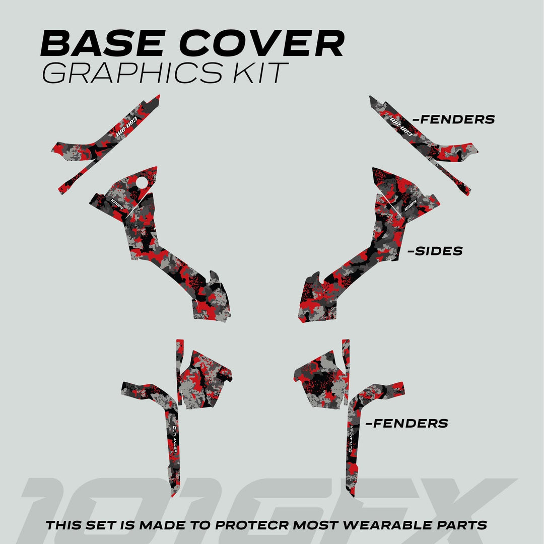 Can-Am OUTLANDER Graphics Kit SPLAT CAMO Red with red/black/gray camo decals for fenders and sides, enhancing protection and style for off-road vehicles.