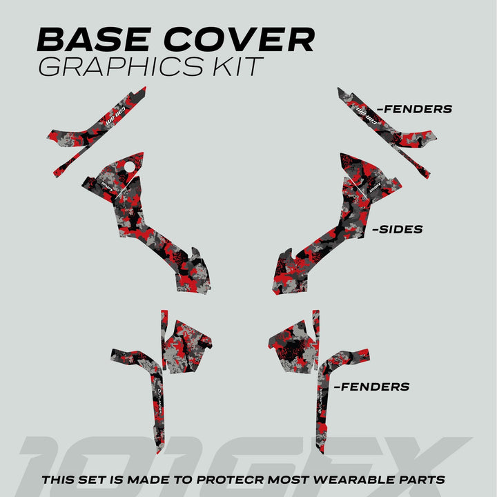 Can-Am OUTLANDER Graphics Kit SPLAT CAMO Red with red/black/gray camo decals for fenders and sides, enhancing protection and style for off-road vehicles.