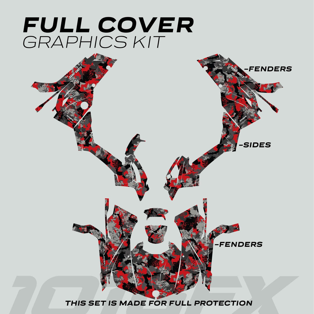 Can-Am OUTLANDER Graphics Kit SPLAT CAMO Red featuring full-coverage vinyl pieces labeled FENDERS and SIDES with a camouflage splatter pattern for ATV protection.
