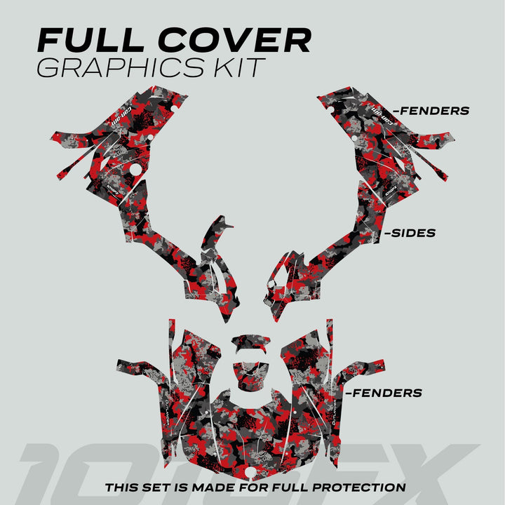 Can-Am OUTLANDER Graphics Kit SPLAT CAMO Red featuring full-coverage vinyl pieces labeled FENDERS and SIDES with a camouflage splatter pattern for ATV protection.