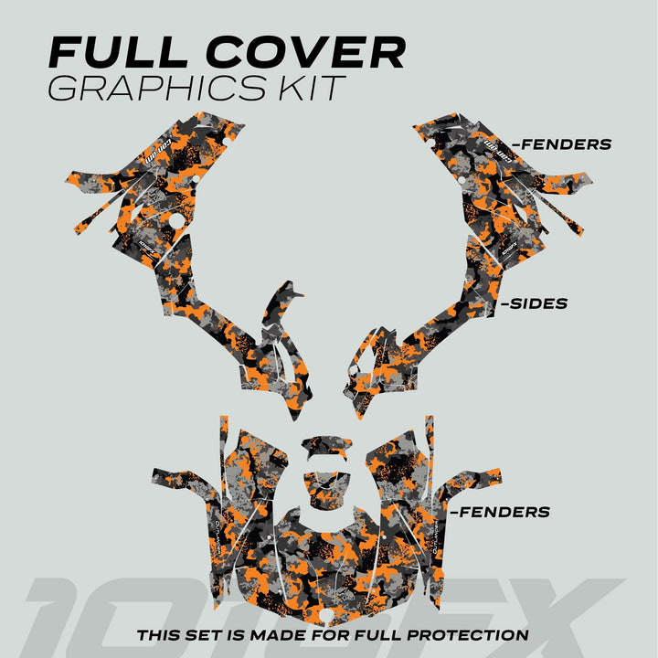 Can-Am OUTLANDER Graphics kit SPLAT CAMO Orange: Vinyl panels in orange/grey/black camo for fenders and sides, labeled for easy installation and full protection.