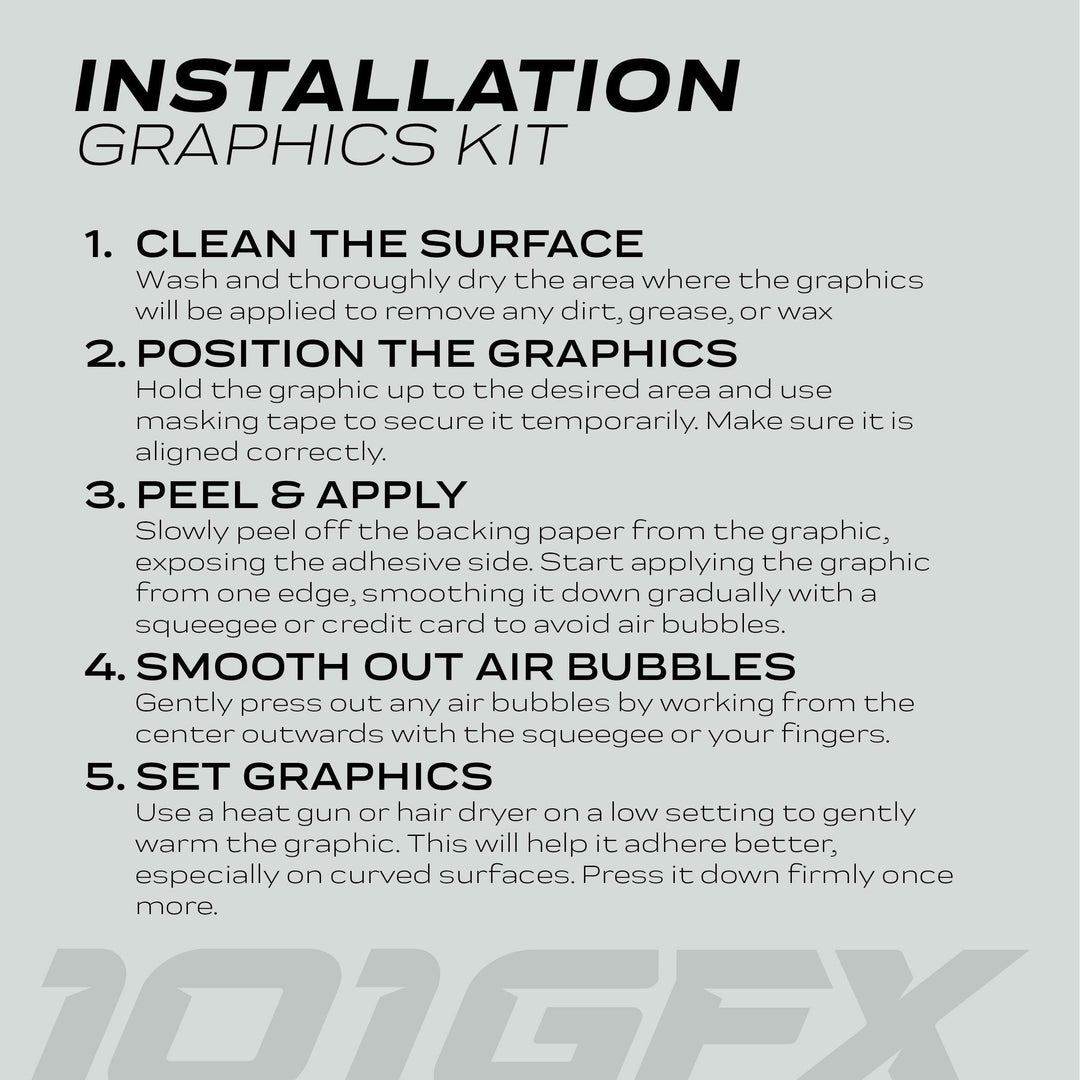 Instruction sheet for installing the Can-Am OUTLANDER Graphics Kit SPLAT CAMO Red, detailing cleaning, positioning, application, bubble smoothing, and heat-setting steps for enhanced vehicle aesthetics.