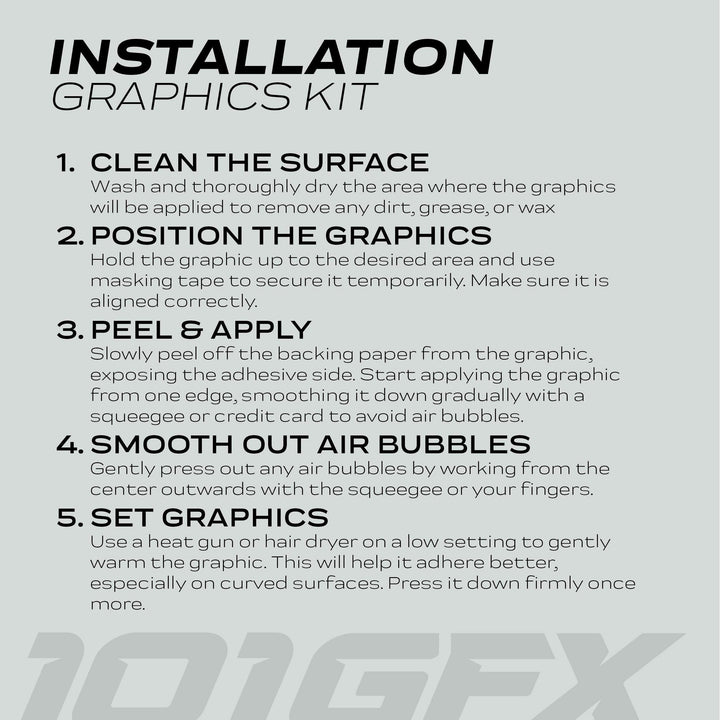 Instruction sheet for installing the Can-Am OUTLANDER Graphics Kit SPLAT CAMO Red, detailing cleaning, positioning, application, bubble smoothing, and heat-setting steps for enhanced vehicle aesthetics.