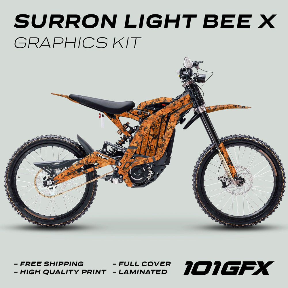 Surron Light Bee X Graphics Kit SQUARE TEK Orange on electric dirt-bike, features orange digital-camo decals covering frame, fork legs, swingarm, fenders, with overlaid promotional text.
