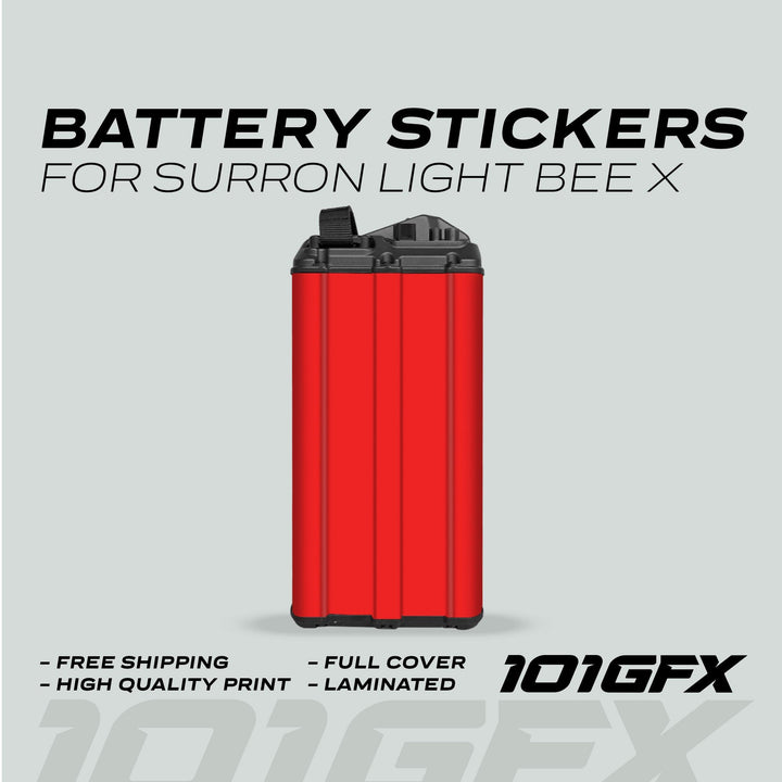 Surron Light Bee X Battery Stickers SOLID Red graphic, showcasing a full-cover red wrap; highlights include durability, seamless fit, and free shipping by 101GFX.