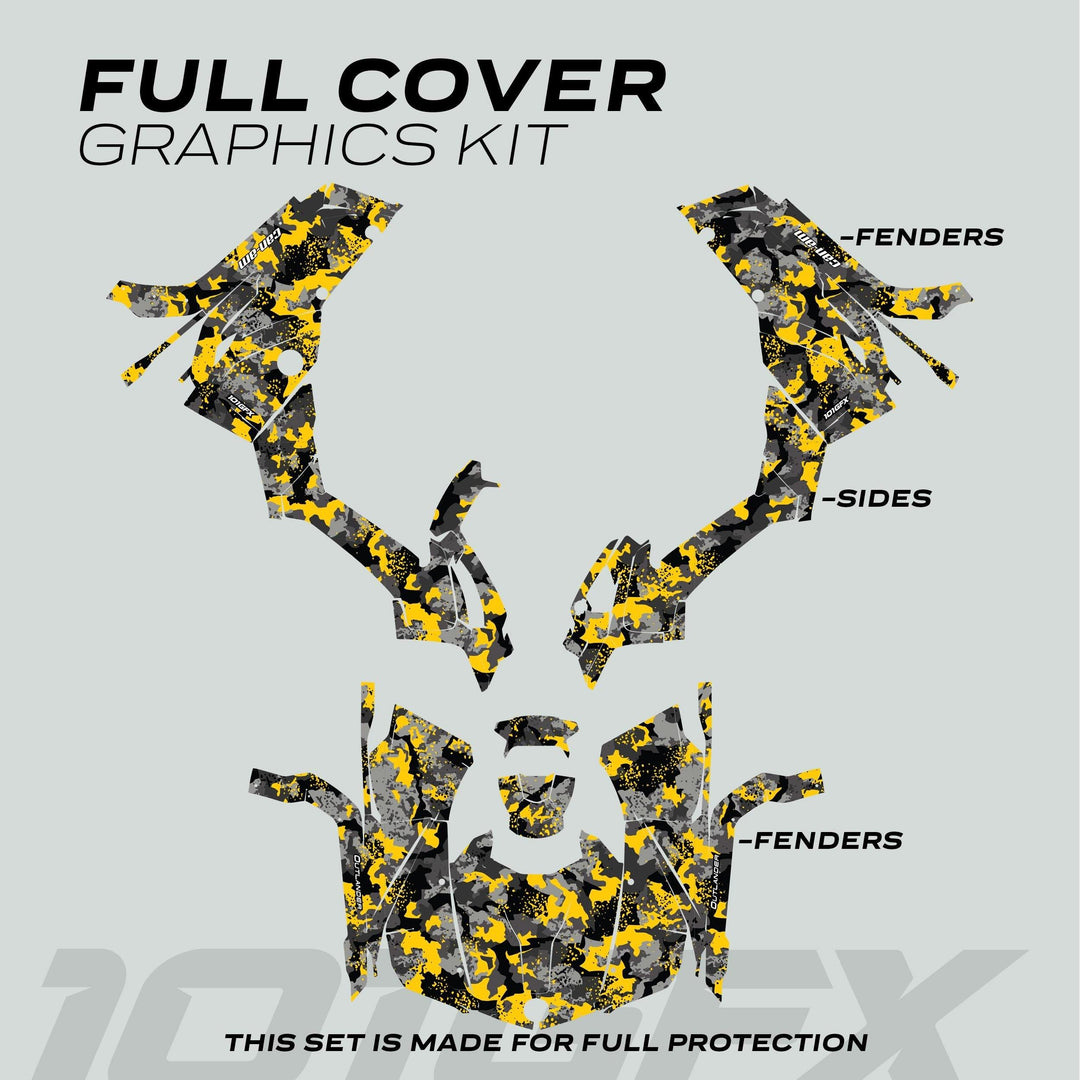 Can-Am OUTLANDER Graphics Kit SPLAT CAMO Yellow with labeled fender and side decals in splatter camouflage pattern for full vehicle protection and style enhancement.