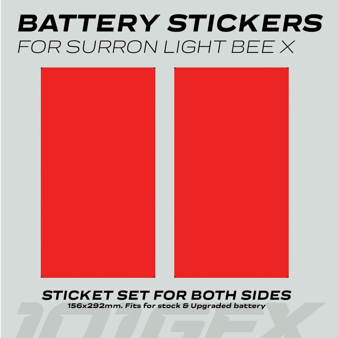 Surron Light Bee X Battery Stickers SOLID Red, bright red vinyl decals designed to wrap battery pack, enhancing aesthetics and protection for off-road adventures.