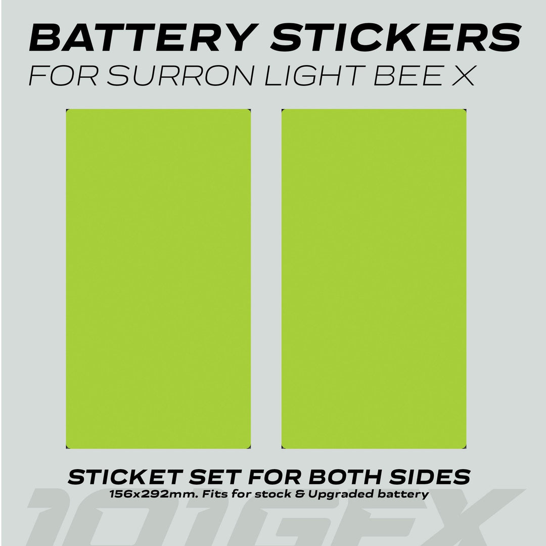 Surron Light Bee X Battery Stickers SOLID Green, two lime-green decals for both sides, fit stock and upgraded battery packs, enhancing electric bike aesthetics.