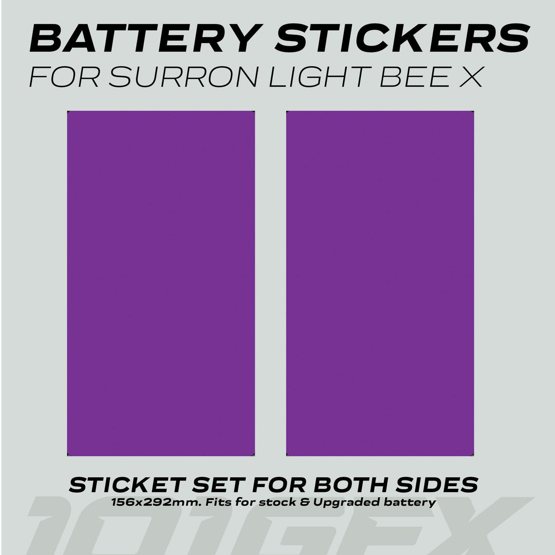Surron Light Bee X Battery Stickers SOLID Purple, featuring two custom-fit, durable vinyl decals for battery protection and style enhancement on your electric bike.