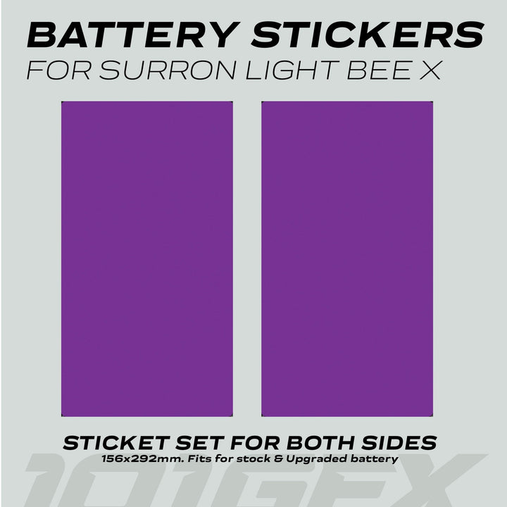 Surron Light Bee X Battery Stickers SOLID Purple, featuring two custom-fit, durable vinyl decals for battery protection and style enhancement on your electric bike.