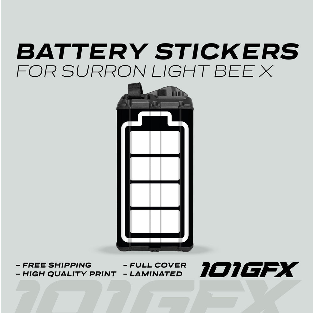 Surron Light Bee X Battery Stickers ICON Black White featuring a five-bar battery icon, highlighting features: free shipping, high-quality print, full cover, laminated, by 101GFX.
