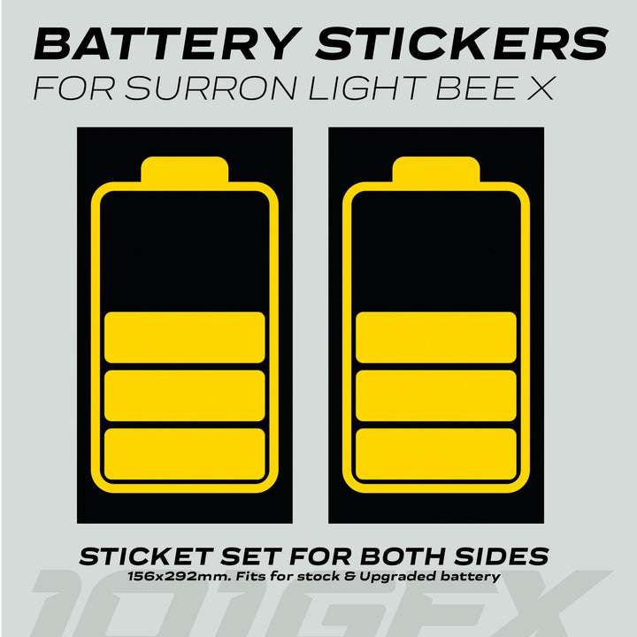 Surron Light Bee X Battery Stickers ICON HALF: Black decals with yellow battery icons, enhance aesthetics and protection for Surron Light Bee X electric bike battery pack.