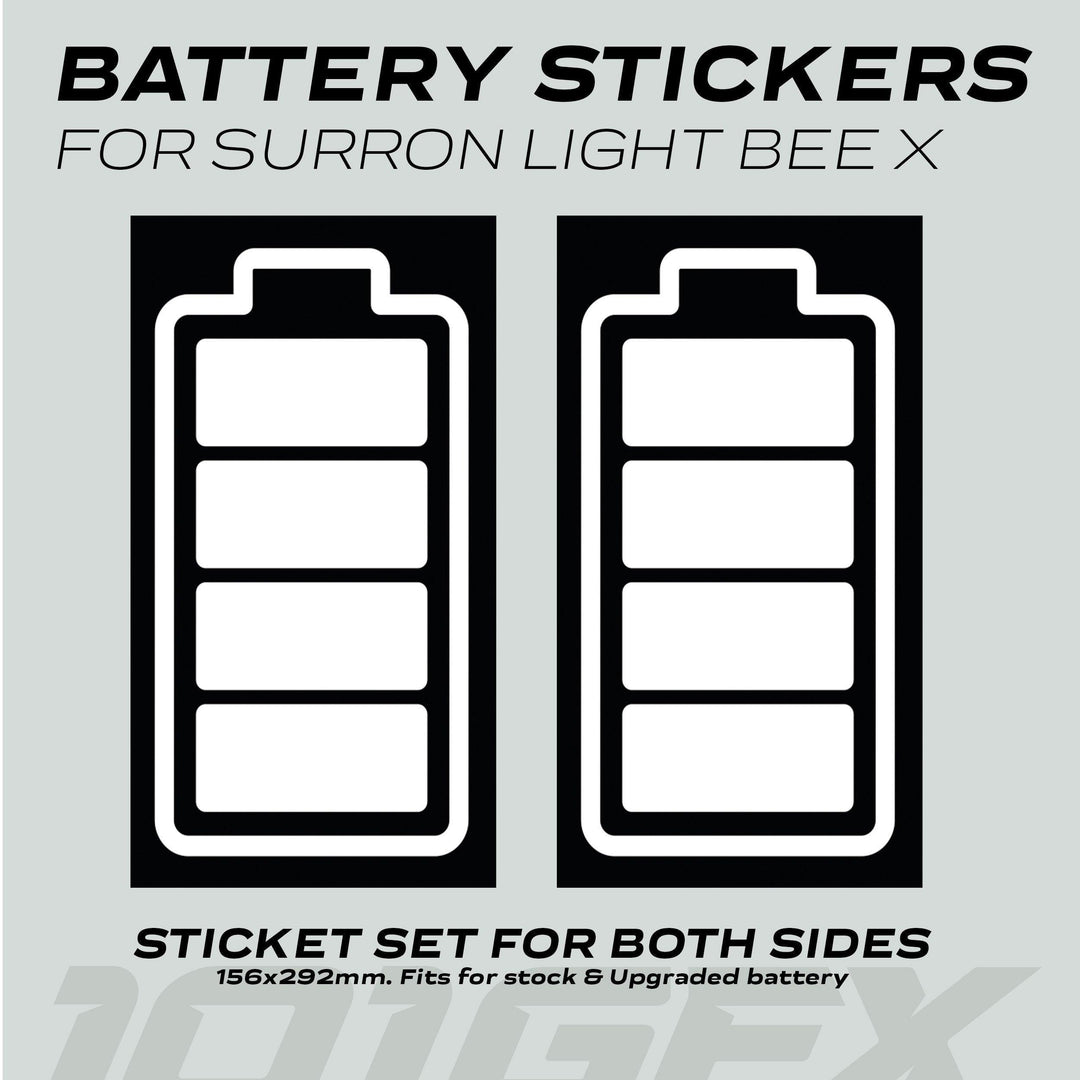 Surron Light Bee X Battery Stickers ICON Black White, featuring battery-icon outlines, tailored for both sides of the e-bike's battery pack, ensuring a sleek, custom fit.
