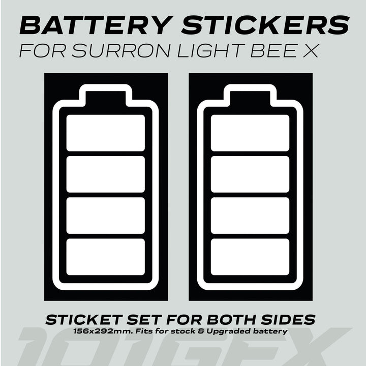 Surron Light Bee X Battery Stickers ICON Black White, featuring battery-icon outlines, tailored for both sides of the e-bike's battery pack, ensuring a sleek, custom fit.