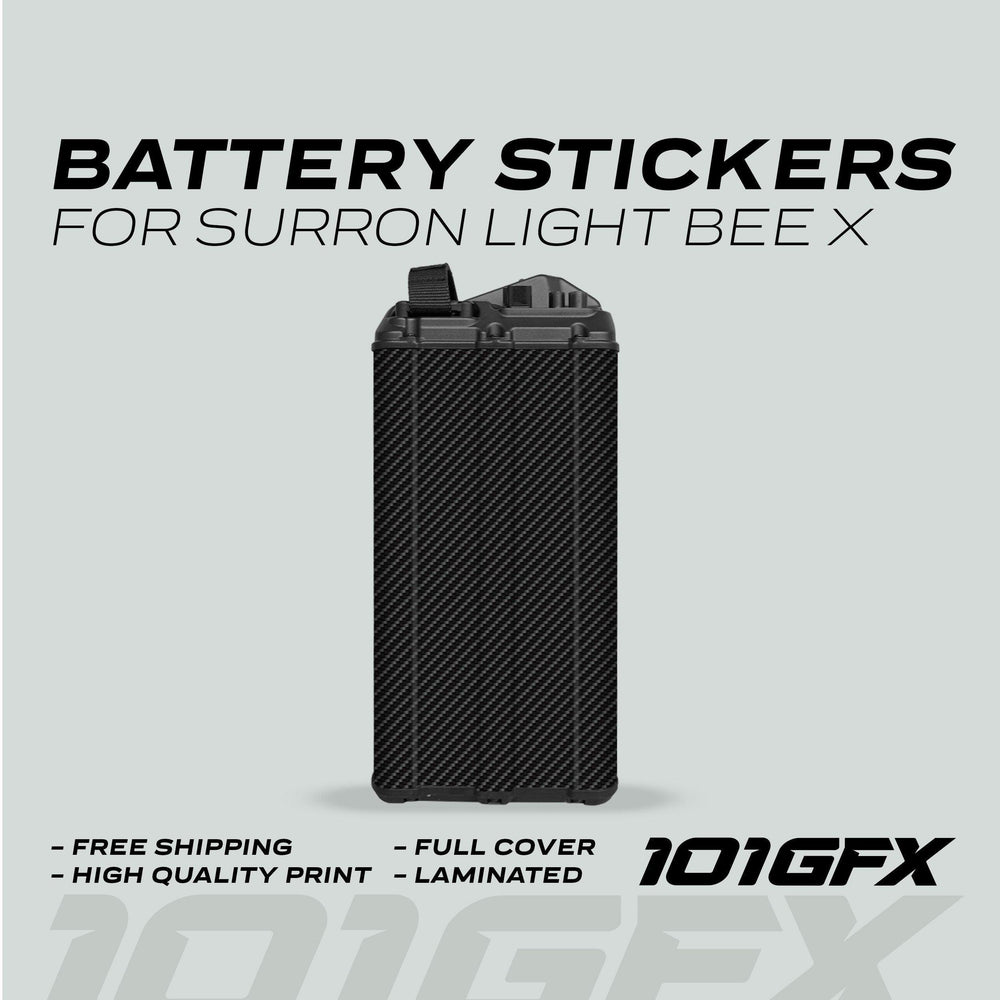 Surron Light Bee X Battery Stickers CARBON on display, showcasing a carbon-fiber-style wrap with features: full cover, laminated, high-quality print, free shipping. 101GFX branding visible.