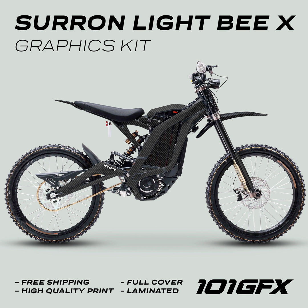 Surron Light Bee X Graphics Kit CARBON ORIGINAL on bike, showcasing carbon-fiber decals with features like free shipping, high-quality print, full cover, laminated.