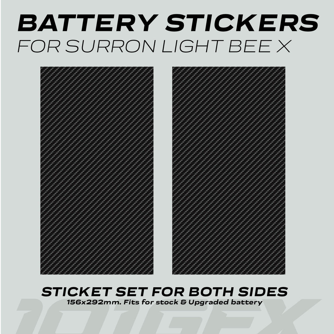 Surron Light Bee X Battery Stickers CARBON: Two carbon-fiber–style decals for battery sides, 156 × 292 mm, enhancing aesthetics and protection, designed for stock and upgraded models.
