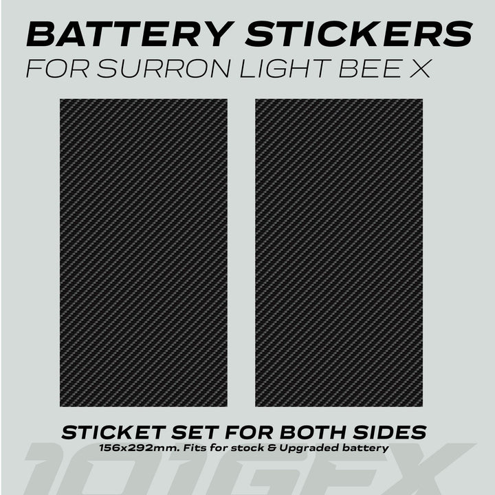Surron Light Bee X Battery Stickers CARBON: Two carbon-fiber–style decals for battery sides, 156 × 292 mm, enhancing aesthetics and protection, designed for stock and upgraded models.