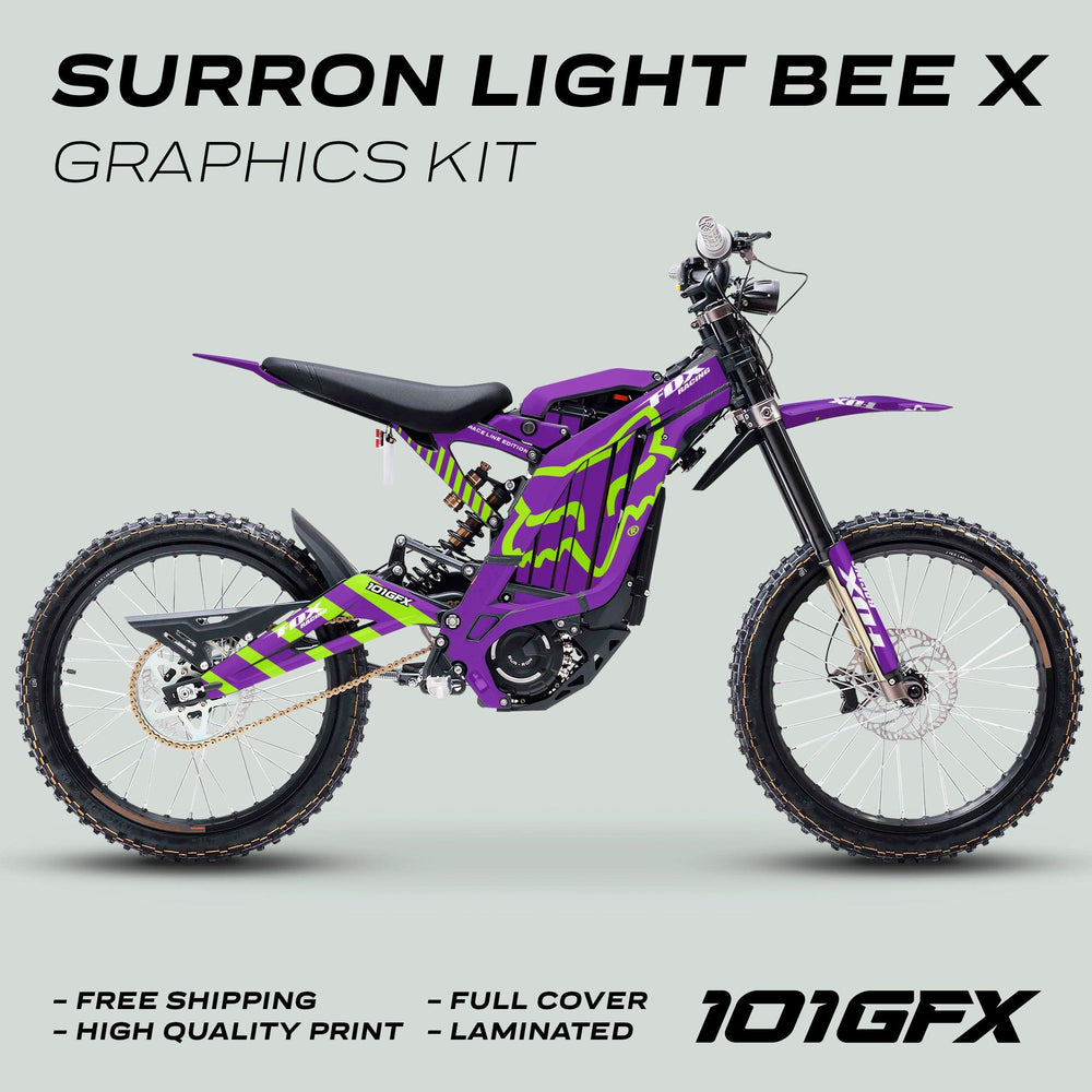 Surron Light Bee X Graphics Kit FOX RACE LINE Purple Green displayed on a bike, highlighting its sleek design, free shipping, and durable, high-quality finish.
