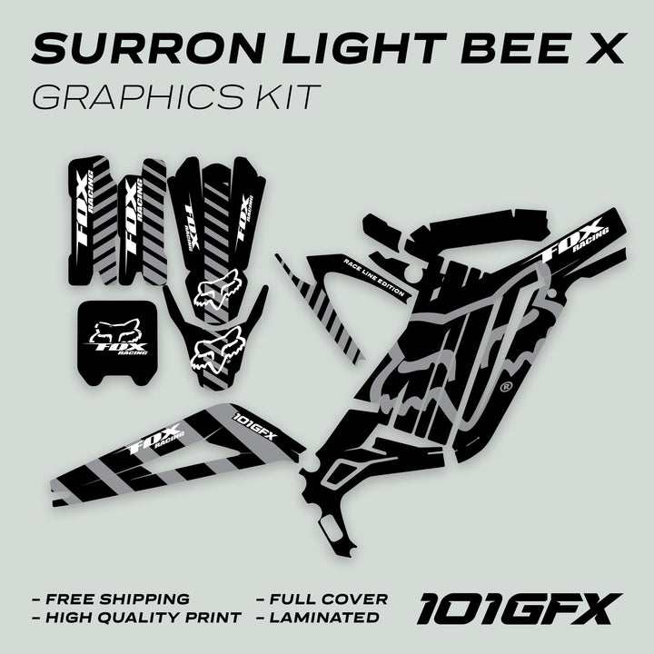 Surron Light Bee X Graphics Kit FOX RACE LINE Black Grey featuring black-grey decals with Fox Racing logos, including fork guards, swingarm covers, and frame plates.