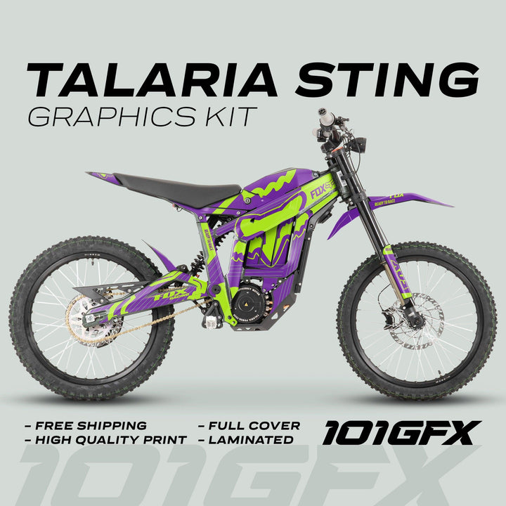Side view of Talaria Sting bike featuring the MX3 MX4 Graphics Kit with purple-green FOX STRIPES, showcasing vibrant design and durable, easy-to-apply decals.