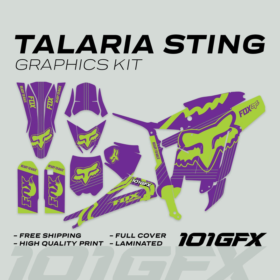 Talaria Sting MX3 MX4 Graphics Kit FOX STRIPES Purple Green, featuring purple and lime-green decals for fork guards, fenders, and panels with highlighted features.